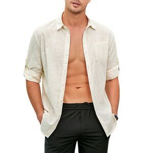 BLUEMING - Mens Long Sleeve Button Down Cotton Linen Shirts C Beige